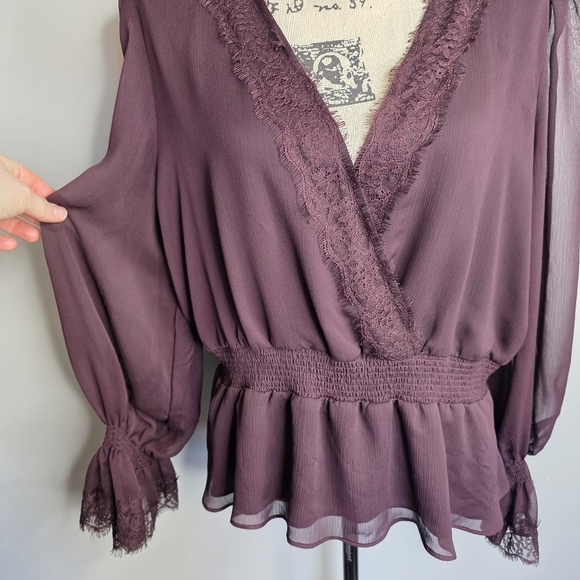 ​Express Plum Burgundy Lace Trim Surplice Peplum Blouse XL - Picture 2 of 4